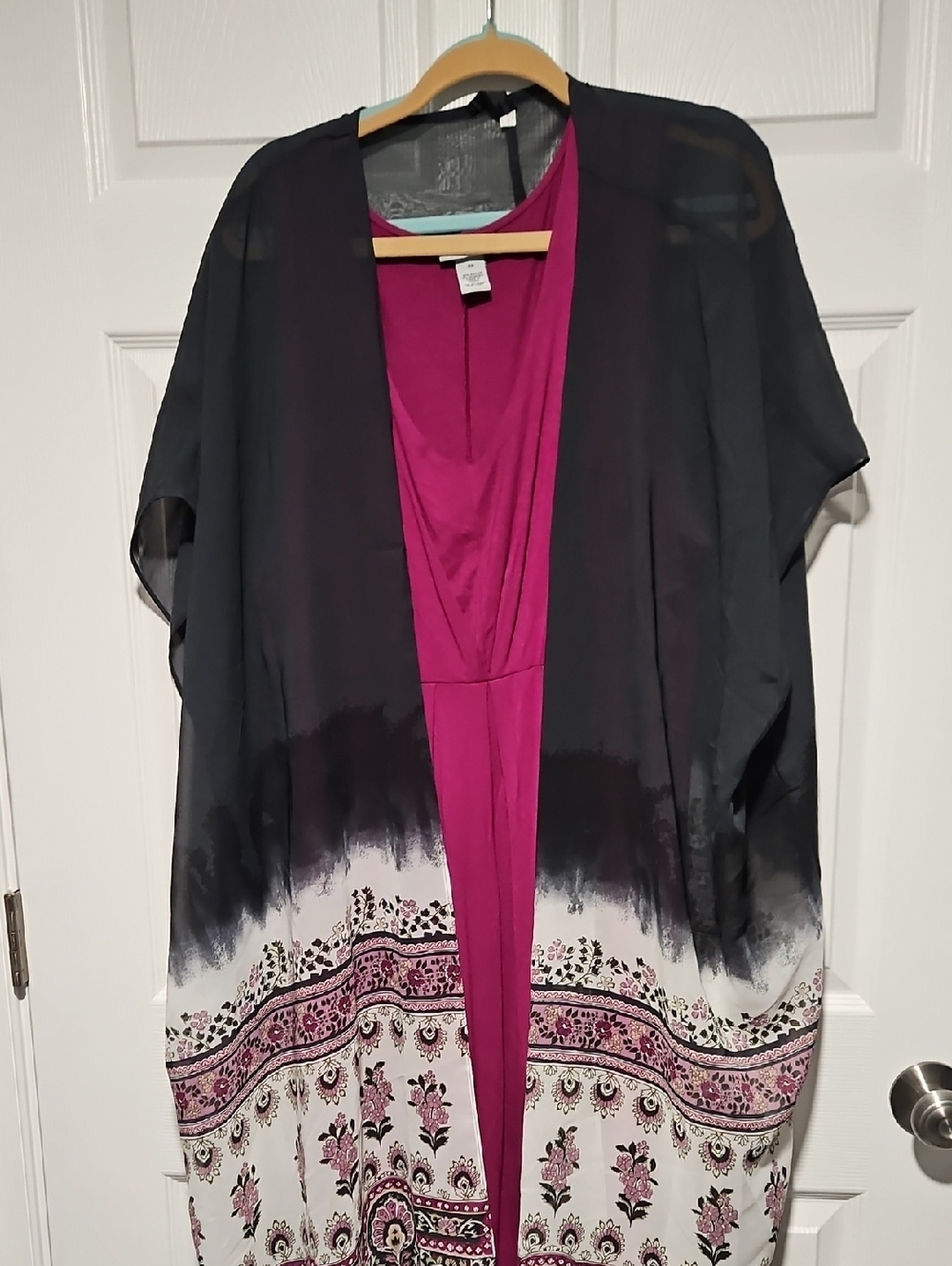 Lane Bryant Black & Magenta Floral Border Open Kimono